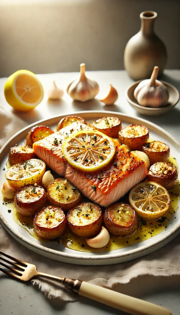 One-Pan Lemon Garlic Salmon with Roasted Potatoes – Fancy but Frugal!